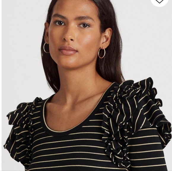 RALPH LAUREN METALLIC STRIPED RUFFLE TRIM KNIT TOP SIZE LARGE NWT - Picture 3 of 4